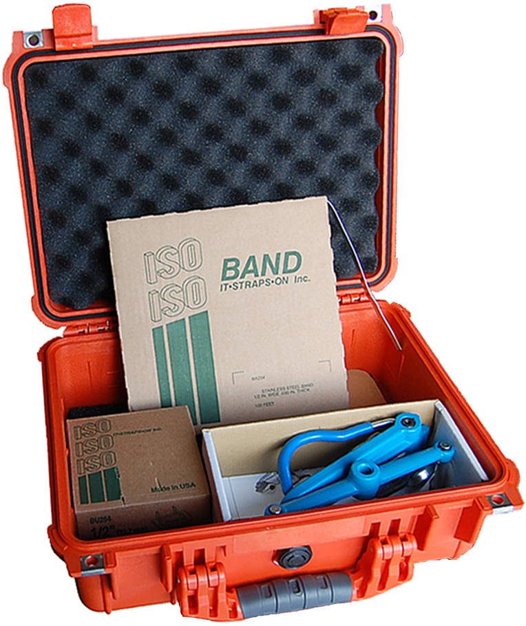 BAND-IT Set in a case includes 100 Ft. of BAND-ITR 100 Feet Strap BA204, type 201 stainless steel; Hand Tensioning Tool for Band and Buckle BAND-IT ?00169; Buckle Ear-Lokt Style BAND-ITR 100 pieces of Buckles in Type 201 stainless steel; Pelican 1450 watertight protective case.